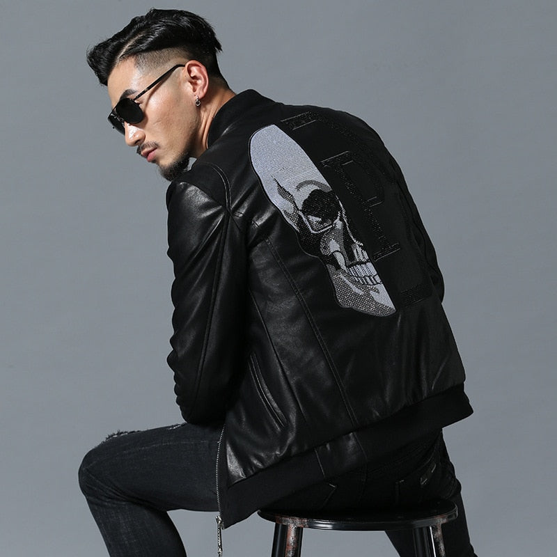 2018 Skull Rhinestones PU Jackets Men High Street Style Stand-Neck Sudaderas Hombre Rib Sleeve Streetwear Mens Jackets and Coats