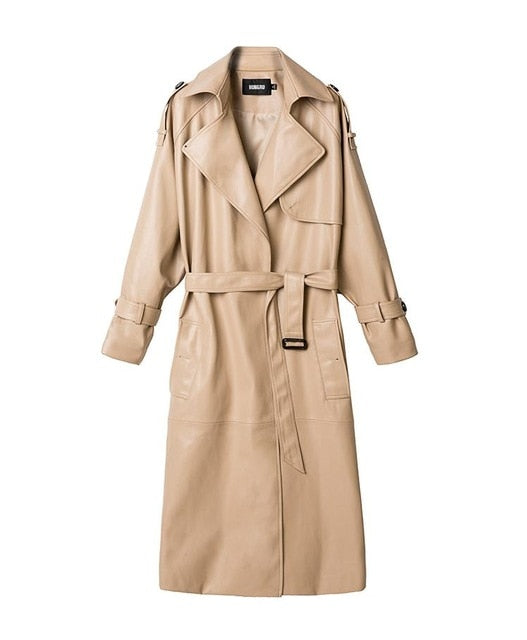 2019 autumn fashion new women PU windbreaker jacket female long coat patent leather slim was thin lace up leather outwear L1194