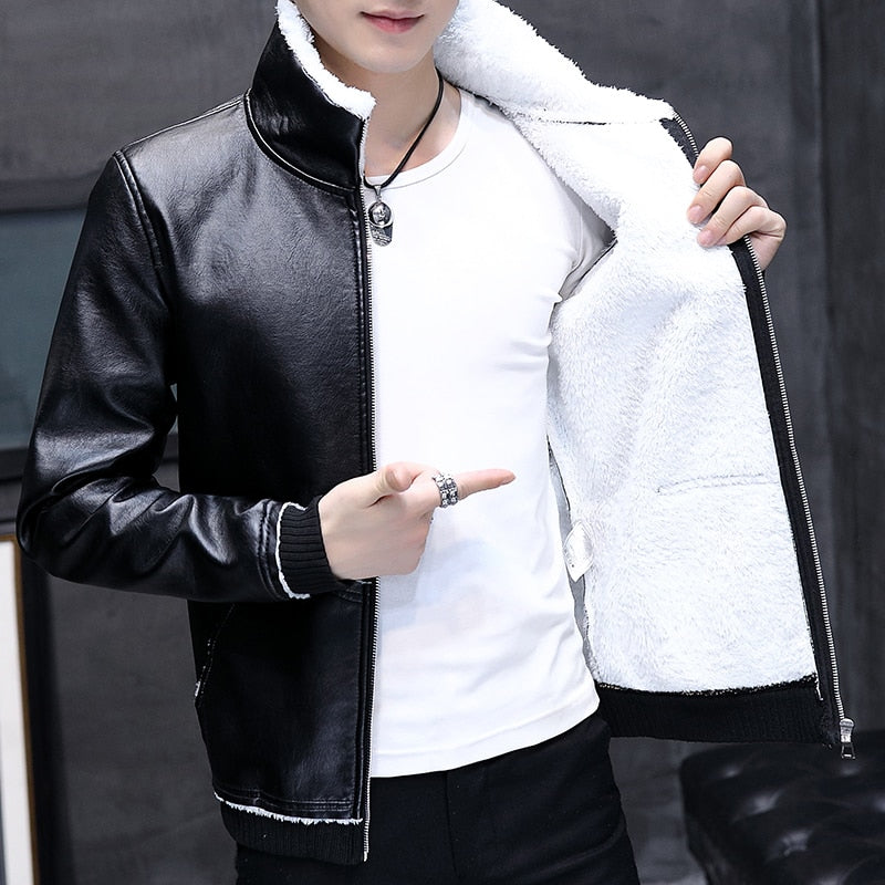 2019 Explosion Models Short Cotton Coat Leather One Men's Cotton Coat Men's Leather PU Leather Jacket Men's Plus Velvet Jacket