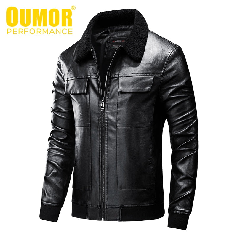 Oumor Men Autumn New Casual Vintage Biker Leather Jackets Coat Men Fashion Outfit Bomber Motorcycle PU Leather Jacket Coats Men