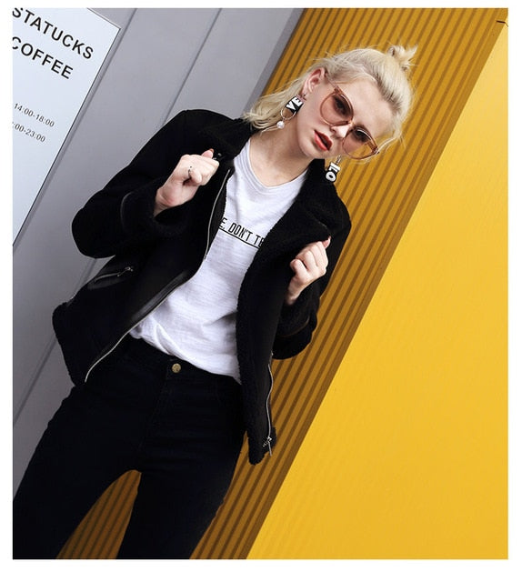 Women Faux Sheepskin Shearling Coat New Warm Suede Jacket Motorcycle Lamb Fur Coats Brown Leather Jacket AS30100