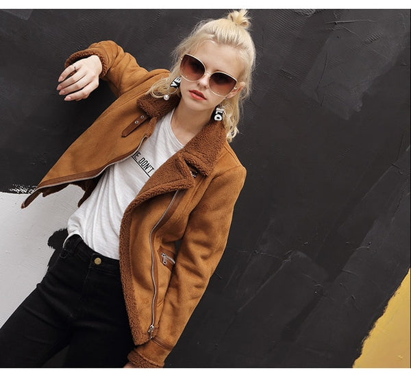Women Faux Sheepskin Shearling Coat New Warm Suede Jacket Motorcycle Lamb Fur Coats Brown Leather Jacket AS30100