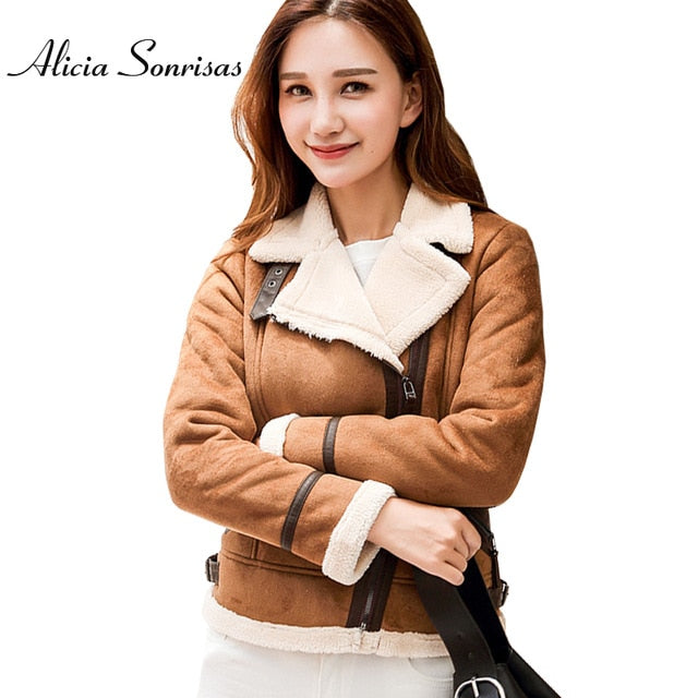Women Faux Sheepskin Shearling Coat New Warm Suede Jacket Motorcycle Lamb Fur Coats Brown Leather Jacket AS30100
