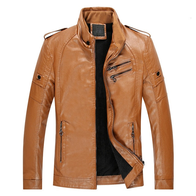 Men 2019 Autumn New Casual Thick Fleece Pockets Leather Jacket Coat Men PU Leather Motorcycle Vintage Faux Leather Jackets Men