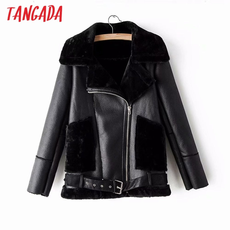 Tangada Women fur faux leather jacket coat with belt turn down collar Ladies 2019 Winter Thick Warm Black Oversized Coat AM10