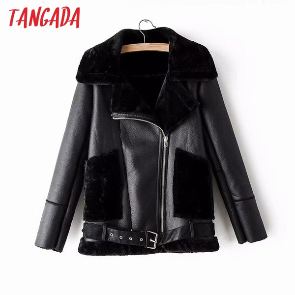 Tangada Women fur faux leather jacket coat with belt turn down collar Ladies 2019 Winter Thick Warm Black Oversized Coat AM10