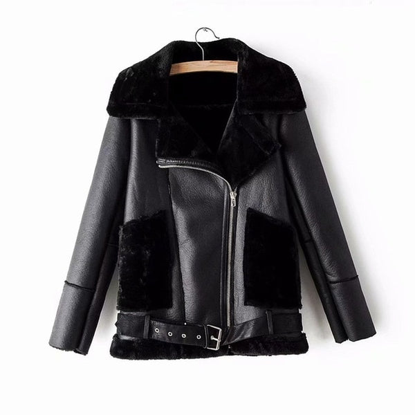 Tangada Women fur faux leather jacket coat with belt turn down collar Ladies 2019 Winter Thick Warm Black Oversized Coat AM10