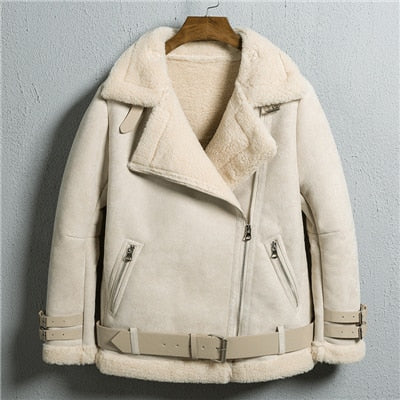 Winter Bomber Jacket Women 2019 New Lamb Fur Motorcycle Overcoats Fashion Solid Outerwear Women Leather Jacket Winter Coats