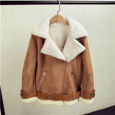 Winter Bomber Jacket Women 2019 New Lamb Fur Motorcycle Overcoats Fashion Solid Outerwear Women Leather Jacket Winter Coats