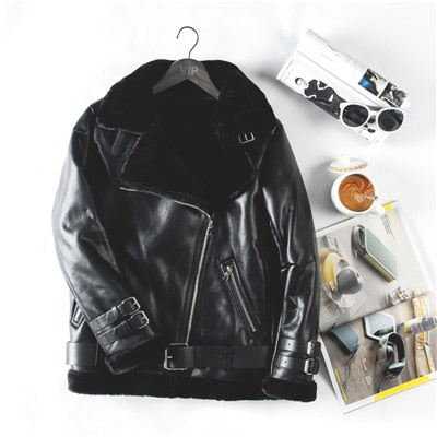 Winter Bomber Jacket Women 2019 New Lamb Fur Motorcycle Overcoats Fashion Solid Outerwear Women Leather Jacket Winter Coats