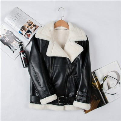 Winter Bomber Jacket Women 2019 New Lamb Fur Motorcycle Overcoats Fashion Solid Outerwear Women Leather Jacket Winter Coats