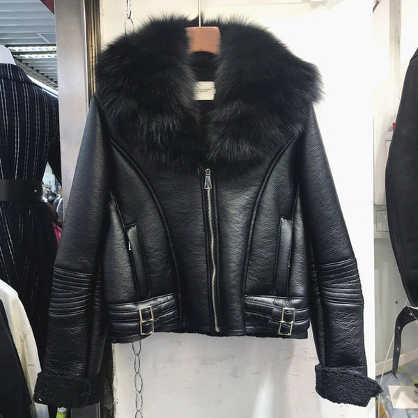 Real Fox Fur Collar Leather Jacket Women New Korean Style Natural Fur Coat Lady Short Imitation Lamb Fur Liner Coat Pu Leather