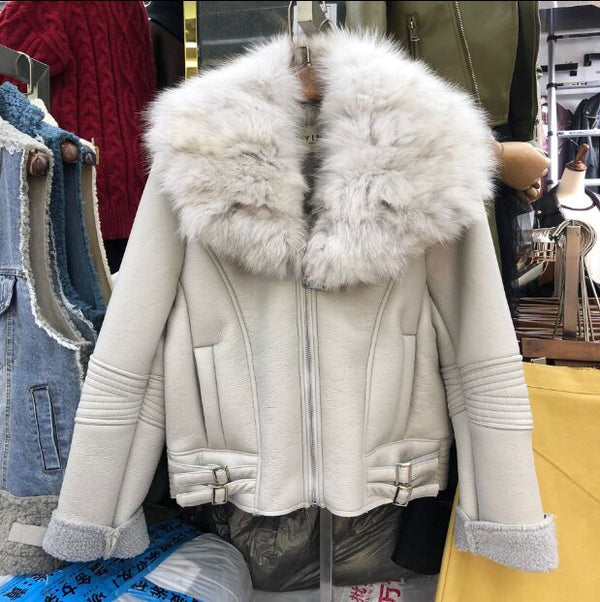 Real Fox Fur Collar Leather Jacket Women New Korean Style Natural Fur Coat Lady Short Imitation Lamb Fur Liner Coat Pu Leather
