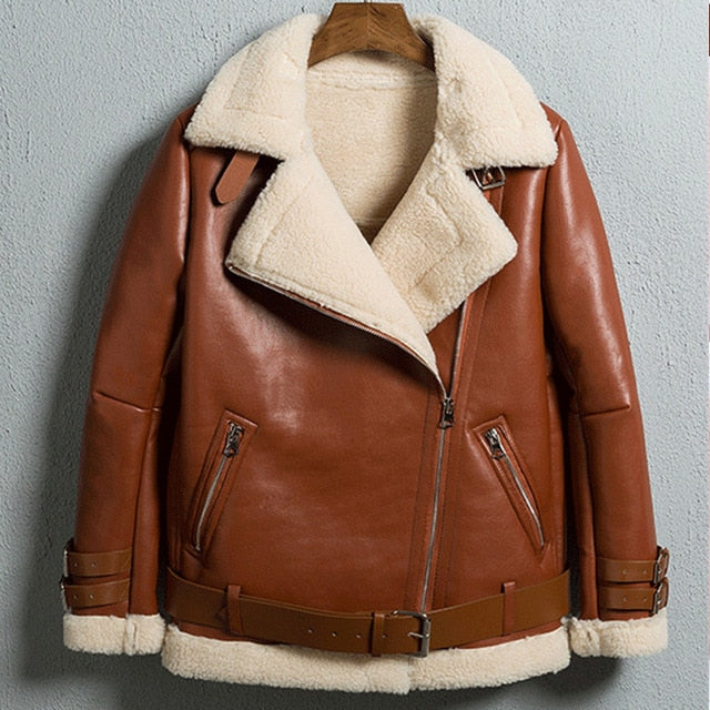 Winter Bomber Jacket Women 2019 New Lamb Fur Motorcycle Overcoats Fashion Solid Outerwear Women Leather Jacket Winter Coats
