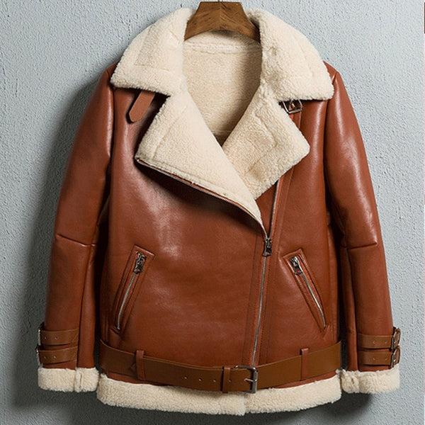 Winter Bomber Jacket Women 2019 New Lamb Fur Motorcycle Overcoats Fashion Solid Outerwear Women Leather Jacket Winter Coats