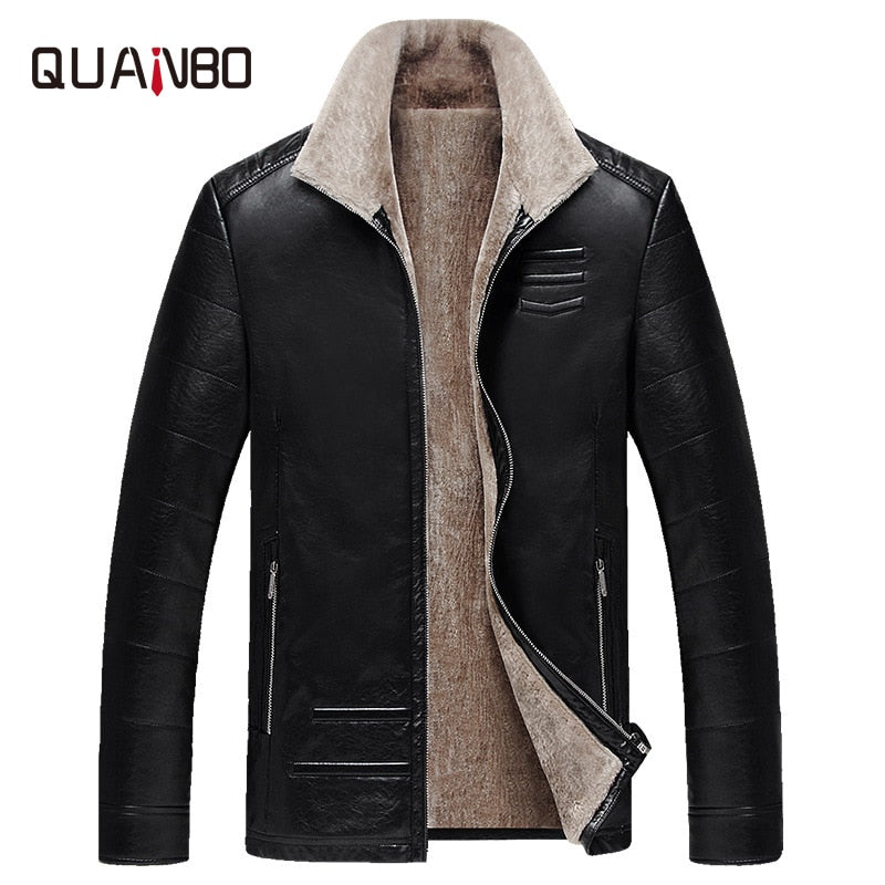 QUANBO 2019 New Winter Men's Leather Jacket Warm Wool Liner Jacket Fashion Turn down Collar Velvet Business Casual Men Fur Coat