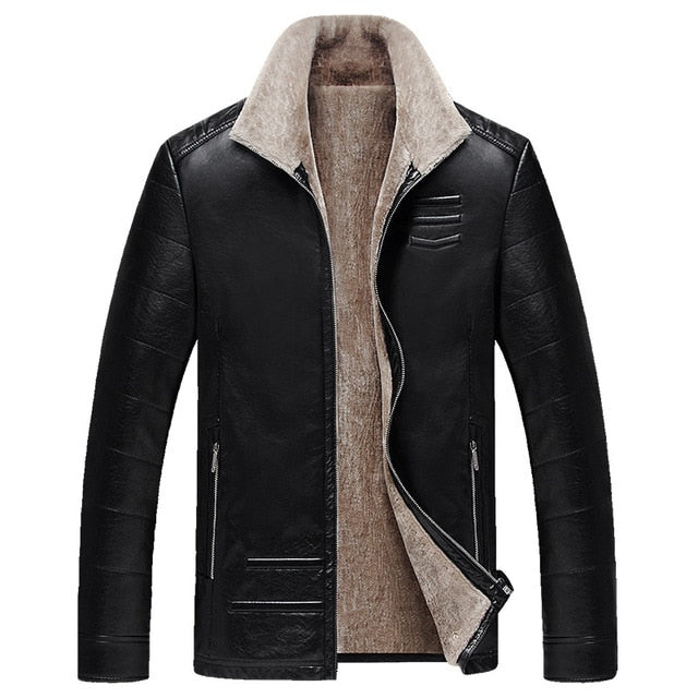 QUANBO 2019 New Winter Men's Leather Jacket Warm Wool Liner Jacket Fashion Turn down Collar Velvet Business Casual Men Fur Coat