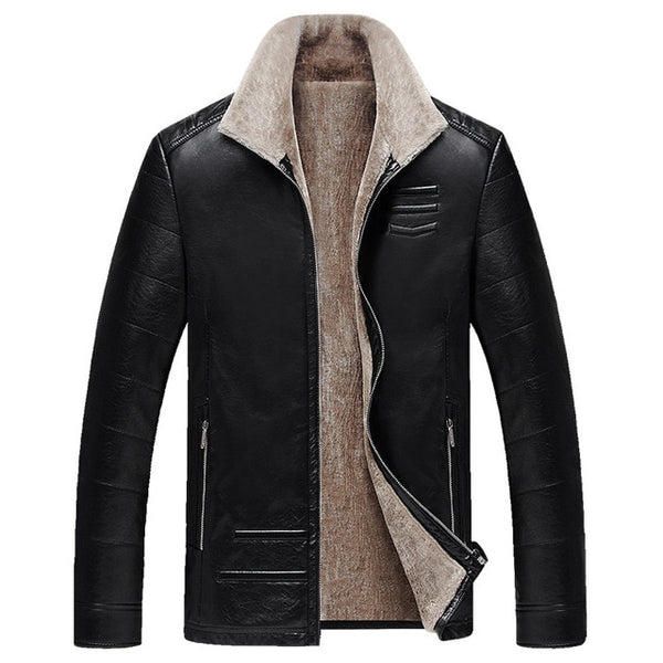QUANBO 2019 New Winter Men's Leather Jacket Warm Wool Liner Jacket Fashion Turn down Collar Velvet Business Casual Men Fur Coat