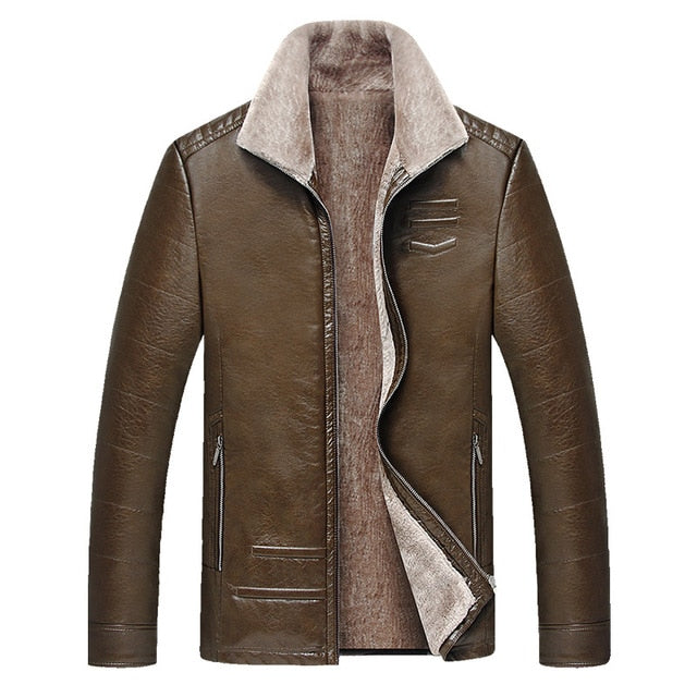 QUANBO 2019 New Winter Men's Leather Jacket Warm Wool Liner Jacket Fashion Turn down Collar Velvet Business Casual Men Fur Coat