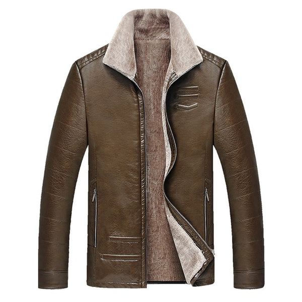QUANBO 2019 New Winter Men's Leather Jacket Warm Wool Liner Jacket Fashion Turn down Collar Velvet Business Casual Men Fur Coat