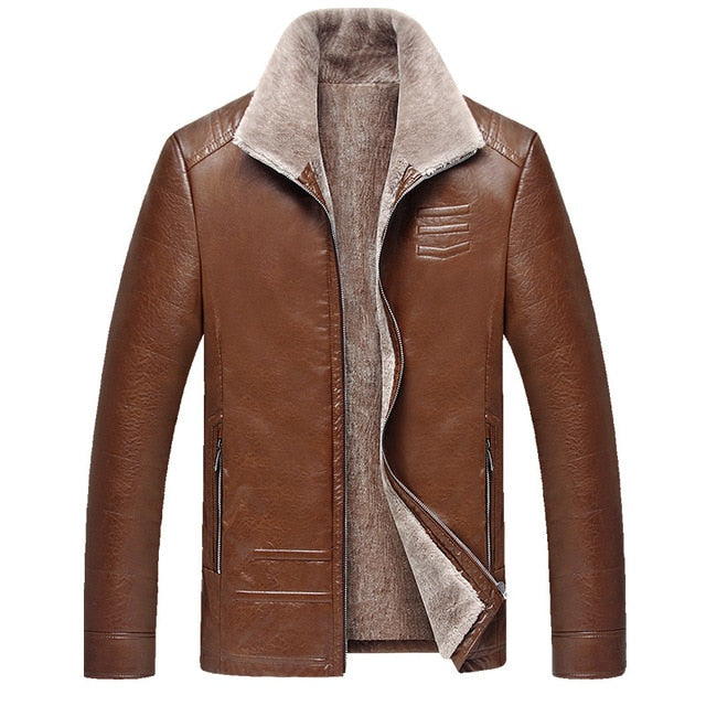 QUANBO 2019 New Winter Men's Leather Jacket Warm Wool Liner Jacket Fashion Turn down Collar Velvet Business Casual Men Fur Coat