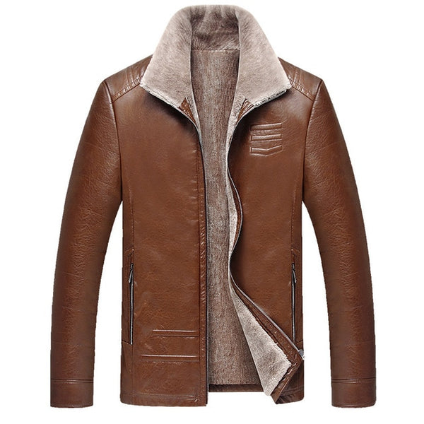 QUANBO 2019 New Winter Men's Leather Jacket Warm Wool Liner Jacket Fashion Turn down Collar Velvet Business Casual Men Fur Coat