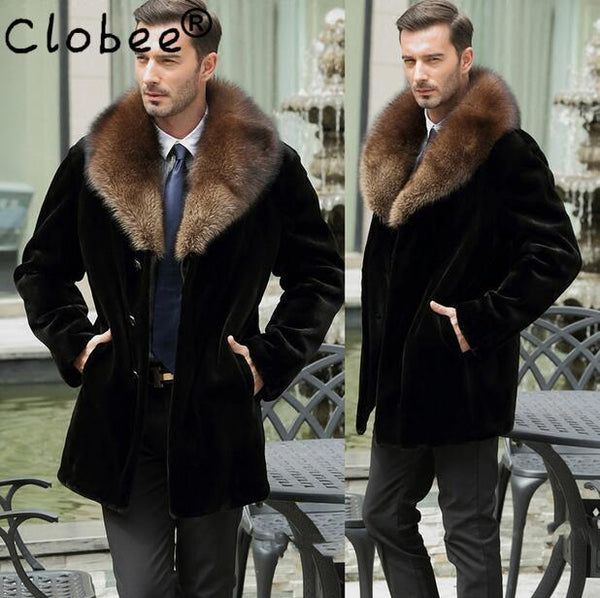 Black warm casual short faux Mink rabbit fur coat mens leather jacket men coats Villus winter loose thermal outerwear fur collar