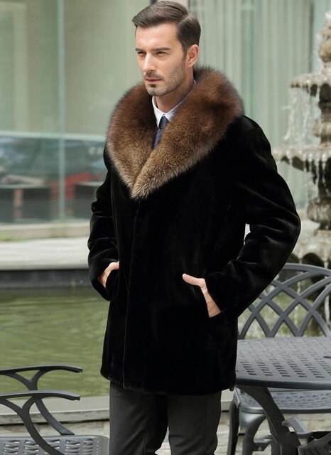 Black warm casual short faux Mink rabbit fur coat mens leather jacket men coats Villus winter loose thermal outerwear fur collar