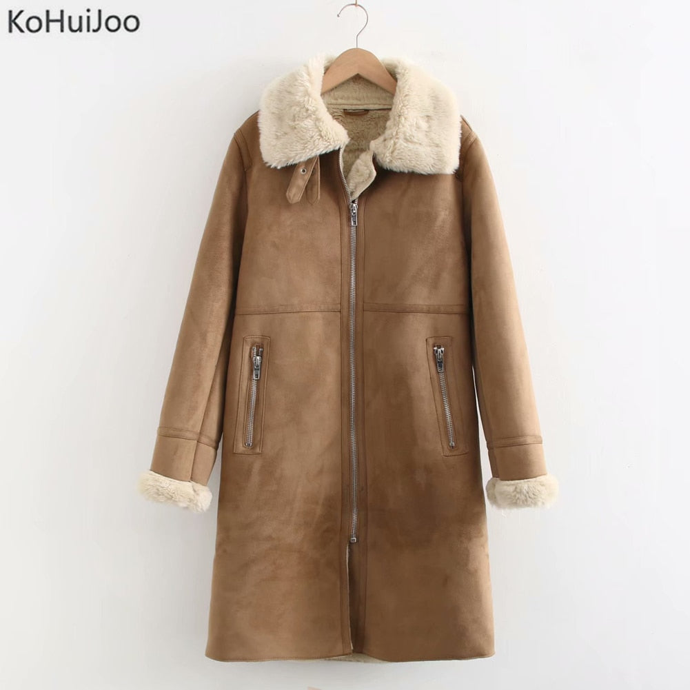 Winter Long Sheepskin Coat Womens Solid Casual Zipper Warm  Faux Leather Jackets Ladies Casual Fur Collar Jakcets Black Khkai