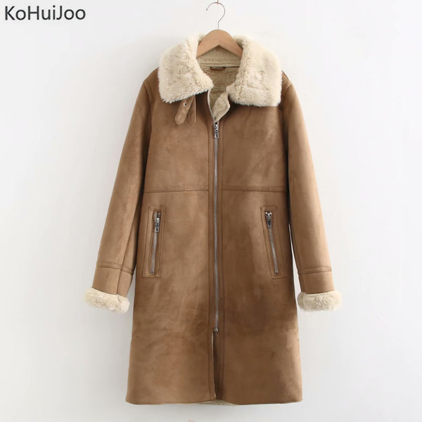 Winter Long Sheepskin Coat Womens Solid Casual Zipper Warm  Faux Leather Jackets Ladies Casual Fur Collar Jakcets Black Khkai