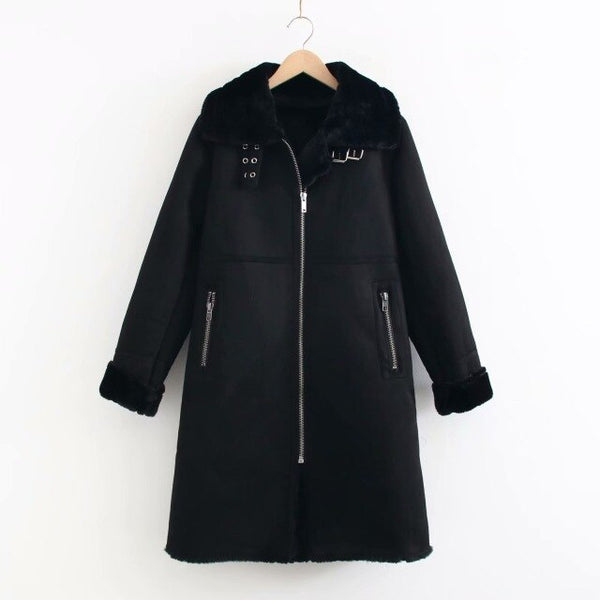 Winter Long Sheepskin Coat Womens Solid Casual Zipper Warm  Faux Leather Jackets Ladies Casual Fur Collar Jakcets Black Khkai