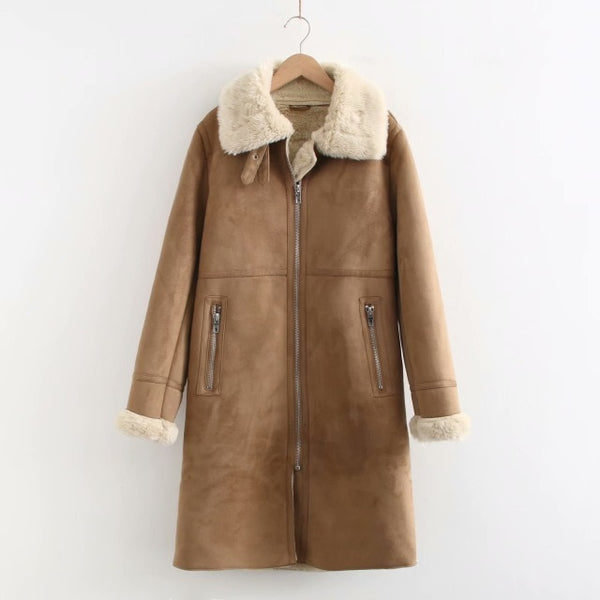 Winter Long Sheepskin Coat Womens Solid Casual Zipper Warm  Faux Leather Jackets Ladies Casual Fur Collar Jakcets Black Khkai