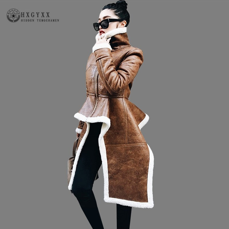 Irregular Faux Leather Jacket Women Imitation Sheepskin Coats Thick Slim Lamb Wool Shearling Jacket Winter Outwear 2019 Okd708
