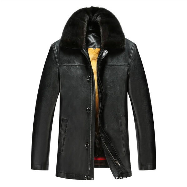 817 New Fashion Winter Clothing Men's long Jacket  Leather Coat Men's Leather Coat Winter Rabbit Fur linning Mink Fur Jacket