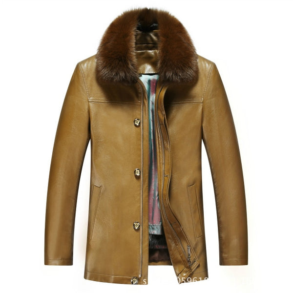 817 New Fashion Winter Clothing Men's long Jacket  Leather Coat Men's Leather Coat Winter Rabbit Fur linning Mink Fur Jacket