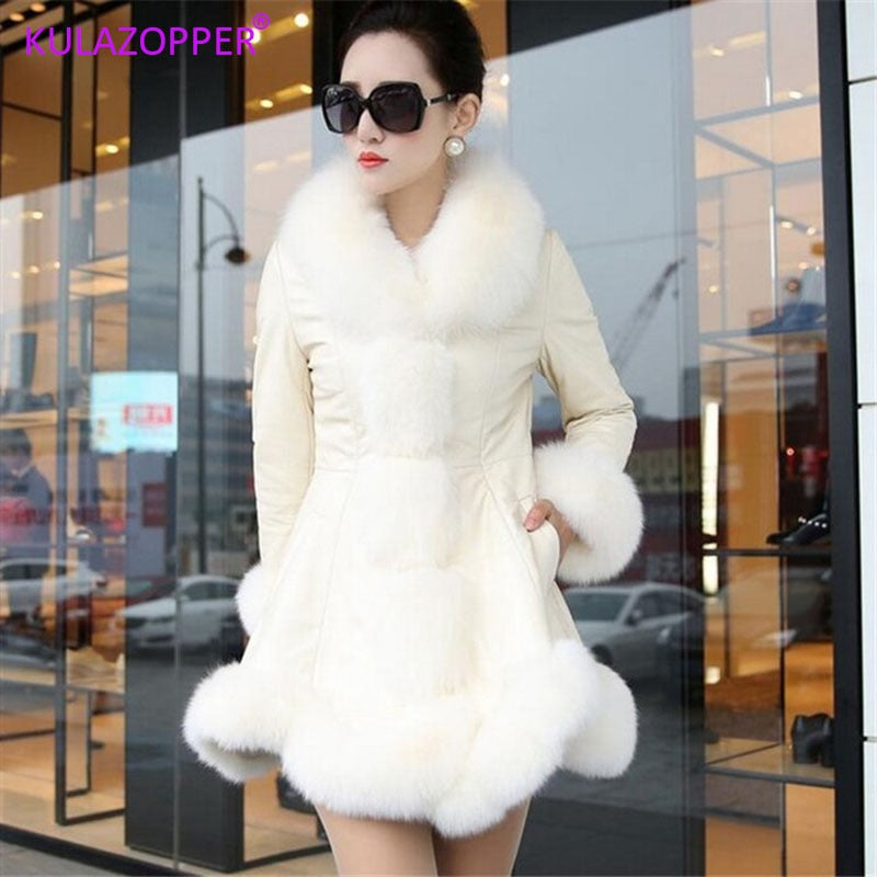 KULAZOPPER 2017 New Winter Leather Jacket Women Long Style Parka Fur Collar Thick Warm Fur Outwear For Female Clothes Coat LH032