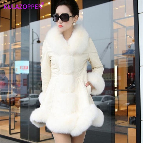 KULAZOPPER 2017 New Winter Leather Jacket Women Long Style Parka Fur Collar Thick Warm Fur Outwear For Female Clothes Coat LH032