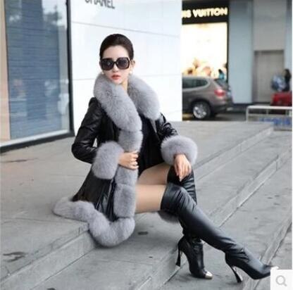 KULAZOPPER 2017 New Winter Leather Jacket Women Long Style Parka Fur Collar Thick Warm Fur Outwear For Female Clothes Coat LH032
