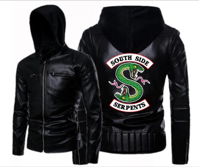 Men's riverdale leather hooded jacket punk South Side Serpents double zipper hooded leather motorcycle leather jacket