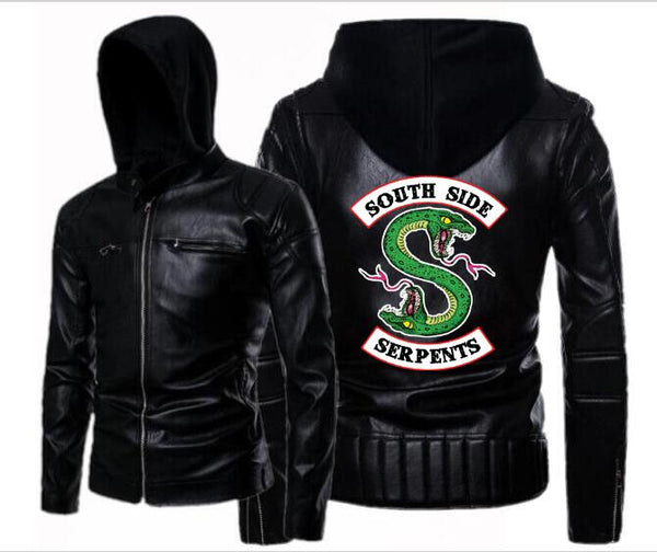 Men's riverdale leather hooded jacket punk South Side Serpents double zipper hooded leather motorcycle leather jacket