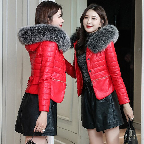 New High Quality Womens Fur Leather Jacket Real Fox Fur Collar PU Leather Jacket Leather Warm Hooded Women Waterproof Keep Warm