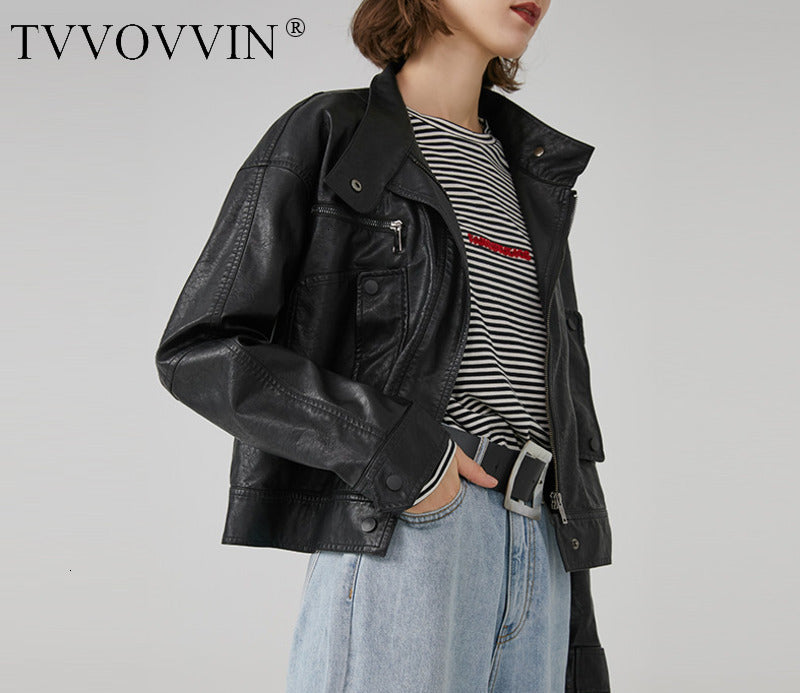 TVVOVVIN 2019 Autumn Solid Color Punk Style Crackle Skin Black Stand Lead Locomotive Jacket Leather Clothing Loose Coat L277