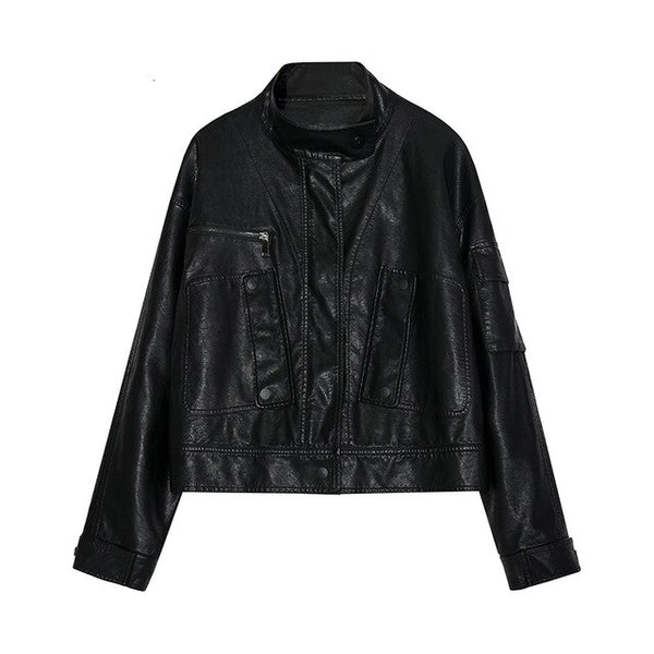 TVVOVVIN 2019 Autumn Solid Color Punk Style Crackle Skin Black Stand Lead Locomotive Jacket Leather Clothing Loose Coat L277