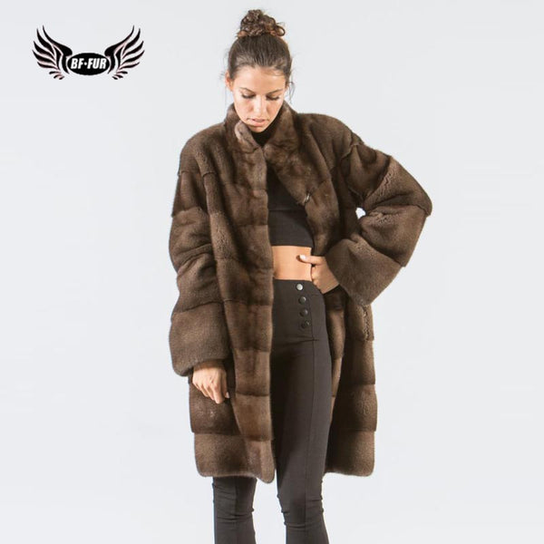 BFFUR Park With Natural Fur 2019 Fashion Mink Coats For Women Genuine Plus Size Karakul Ladies Real Furr Outerwear Full Pelt Top