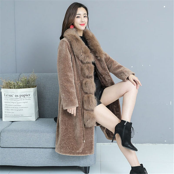Real shot brand simple temperament  plue size women's Thick Warm Fur Overcoat collar Merino Sheep Fur coat