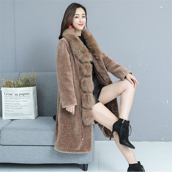 Real shot brand simple temperament  plue size women's Thick Warm Fur Overcoat collar Merino Sheep Fur coat