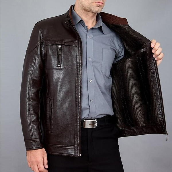 Autumn Middle-aged Men's Leather Jackets Fashion Winter Man With Thick Fur Big Yards Men's Leather Coat  100%cotton M-xxxl