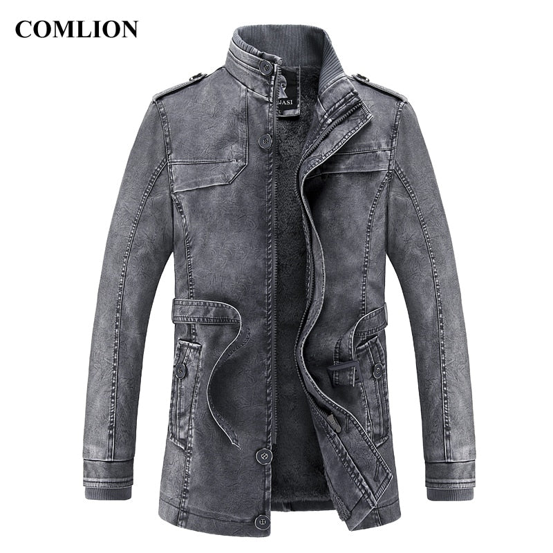 Men Long Leather Jacket 2018 New Fashion Style Stand Waist Belt Washed PU Leather Coats Trench Male Motorcycle Windbreaker D12