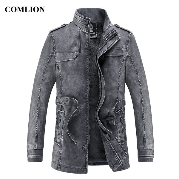 Men Long Leather Jacket 2018 New Fashion Style Stand Waist Belt Washed PU Leather Coats Trench Male Motorcycle Windbreaker D12