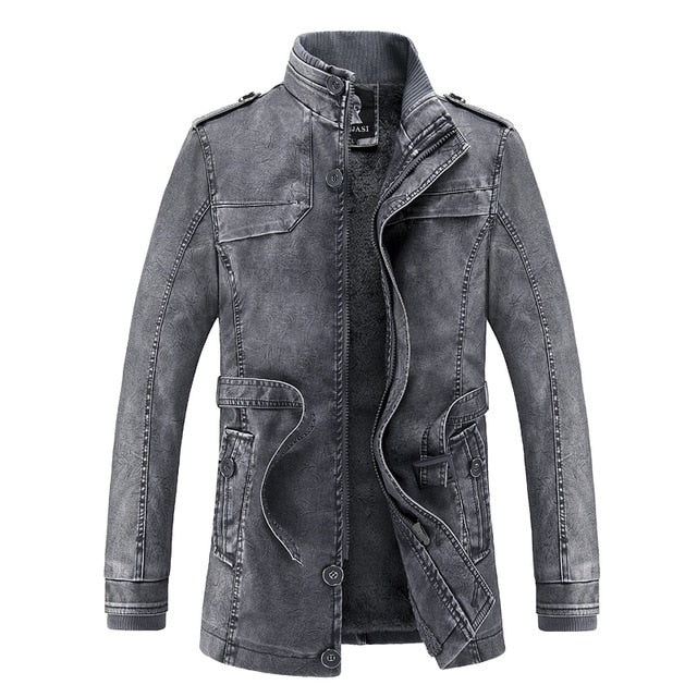 Men Long Leather Jacket 2018 New Fashion Style Stand Waist Belt Washed PU Leather Coats Trench Male Motorcycle Windbreaker D12
